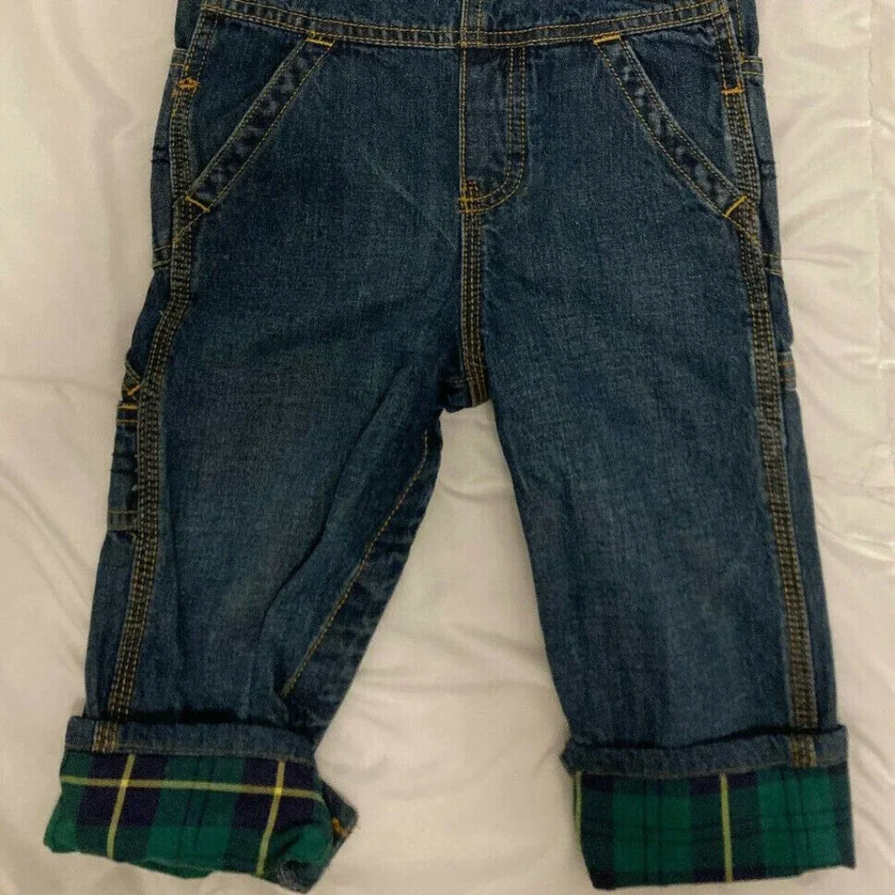 OshKosh Kids 18M Blue Jean Denim Green Plaid Check Lined Cuff Overalls